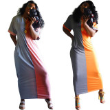 SC Plus Size Color Block Short Sleeve Maxi Dresses YH-5044