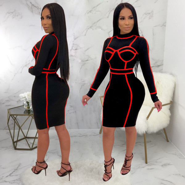 SC Stripes Splice Long Sleeve Bodycon Midi Dress SMR-9174