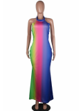 Fashion Sexy Backless Tie Dye Printed Skinny Maxi Dress YS-8257
