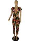 Floral Print Deep V Neck Bow Tie Front Jumpsuits PIN-704