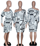 SC Off Shoulder Newspaper Print Loose Midi Dress WSM-5017