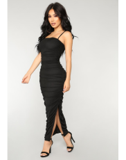 SC Black Spaghetti Strap Split Ruched Maxi Dress LS-0222