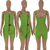SC Solid Straps Sleeveless Front Zipper Casual Playsuit TK-6006