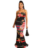 Floral Stripes Print Sexy Strapless Bodycon Maxi Dresses YLY-701