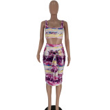 SC Tie Dye Print Sling Crop Tops Midi Skirt 2 Piece Set FNN-8241