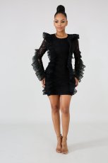 SC Long Sleeve Ruffles Bodycon Lace Dress LX-3081