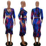 SC Fashion Print V Neck Tops Midi Skirt 2 Piece Set HM-6092