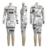 SC Paper Letter Print Long Sleeve Midi Dresses SMR-9167