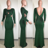 SC Green Backless Hollow Out Long Evening Dresses LS-0227