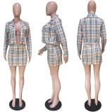 SC Plus Size Plaid Print 3Pcs Halter Bra+Blazer+Mini Skirt Set LSL-6184