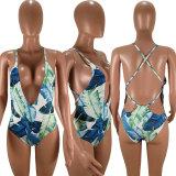 SC Printed Deep V Neck One Piece Swimsuit HM-6083