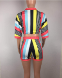 SC Colorful Stripes Deep V Shorts Suits Summer OY-5225 Blue Large Size