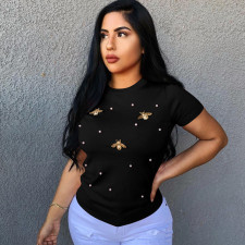 SC Plus Size Pearl Butterfly Decoration T Shirt PIN-8291