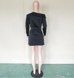 SC Black Off Shoulder Double Breasted Belt Bandage Mini Dress BN-9136