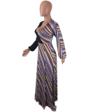 SC LP-664 Colorful Stripe Patchwork V Neck Splits Maxi Dress