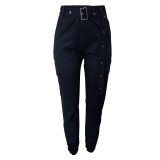 SC Black Cargo Pants With Belt Long Pencil Trousers LSL-6298