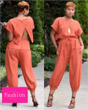 SC Solid Backless Top Long Pants Casual Loose 2 Piece Set TK-6016