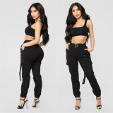 SC Black Cargo Pants With Belt Long Pencil Trousers LSL-6298