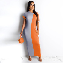 SC Plus Size Contrast Color Short Sleeve Long Maxi Dresses YN-032