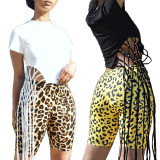 SC Casual Beading Tassel T Shirt Leopard Shorts 2 Piece Sets BN-9195