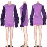 SC Contrast Color Ruffles Sleeve Drawstring Mini Dresses ASL-6200