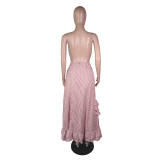 SC Fashion Pink Striped Ruffles Long Maxi Skirts YM-9158