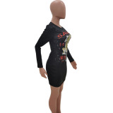 SC Fashion Printed Long Sleeve Hollow Mini Dresses TK-6022