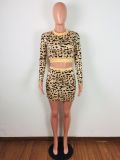 SC Leopard Print Long Sleeve Mini Skirt Two Piece Sets LA-3137