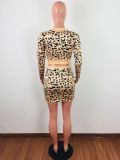 SC Leopard Print Long Sleeve Mini Skirt Two Piece Sets LA-3137