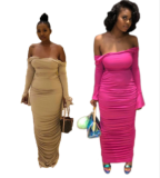 SC Sexy Off Shoulder Ruched Long Sleeve Bodycon Maxi Dress MK-1063