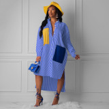 SC Casual Striped Patchwork High Low Irregular Shirt Dresses TE-3853
