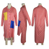 SC Casual Striped Patchwork High Low Irregular Shirt Dresses TE-3853