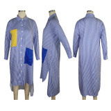 SC Casual Striped Patchwork High Low Irregular Shirt Dresses TE-3853