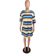 SC Rainbow Striped Half Sleeve Casual Loose Mini Dress YMT-6108