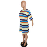 SC Rainbow Striped Half Sleeve Casual Loose Mini Dress YMT-6108