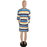 SC Rainbow Striped Half Sleeve Casual Loose Mini Dress YMT-6108