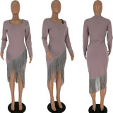 SC Sexy Tassel Long Sleeves Bodycon Midi Dresses HM-6158