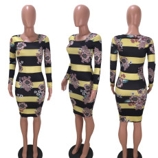 SC Sexy Stripe Printed Long Sleeves Bodycon Dresses LM-8089