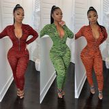 SC Sexy Printed Long Sleeve Front Zipper Skinny Jumpsuits CH-8073
