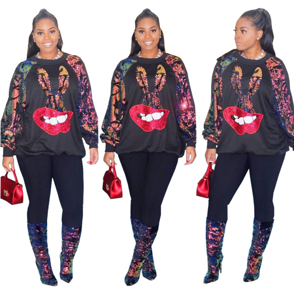 SC Plus Size Sequined Patchwork Pullover Sweatshirt CQ-5281