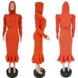 SC Solid Hooded Long Sleeve Mermaid Skirt 2 Piece Sets NM-8075