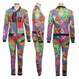 SC Casual Printed Zipper Long Sleeve Two Piece Suits SMR-9440