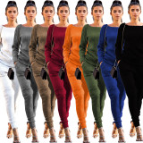 SC Solid Knitted Long Sleeve Casual Two Piece Pants Suit TR-868