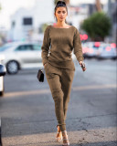 SC Solid Knitted Long Sleeve Casual Two Piece Pants Suit TR-868