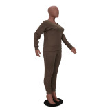 SC Solid Knitted Long Sleeve Casual Two Piece Pants Suit TR-868