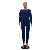 SC Solid Knitted Long Sleeve Casual Two Piece Pants Suit TR-868