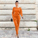 SC Solid Knitted Long Sleeve Casual Two Piece Pants Suit TR-868