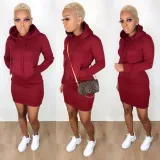 SC Solid Hooded Long Sleeve Casual Mini Dresses BS-1142