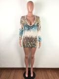 Colorful Sequin V Neck Long Sleeve Mini Dresses LA-3143