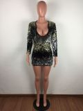 Colorful Sequin V Neck Long Sleeve Mini Dresses LA-3143